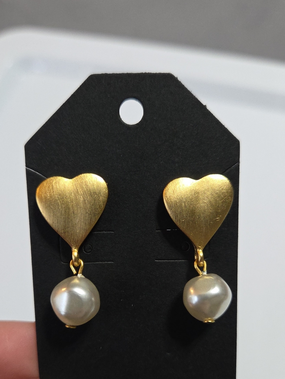 Napier Faux Pearl Heart Drop Earrings Brushed Gold Tone Signed Vintage